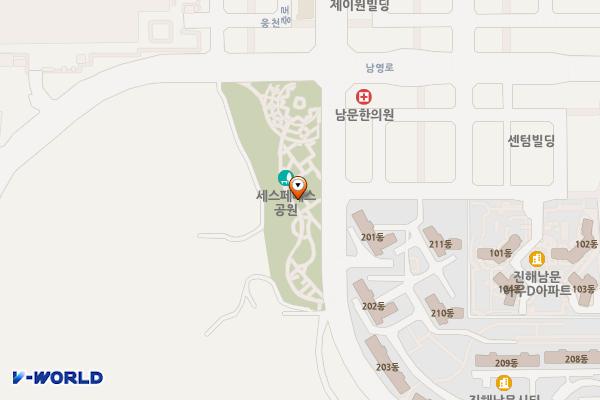 남문지구(세스페데스공원) 위치 지도 — 경상남도 창원시 진해구 웅천동로 105, 공중화장실 (남문동)