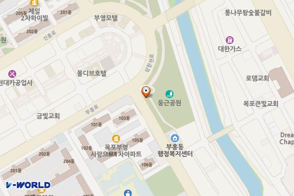 둥근근린공원(부흥동사무소옆) 위치 지도 — 전남광주통합특별시 목포시 삼향천로 38, 둥근근린공원공중화장실 (옥암동)