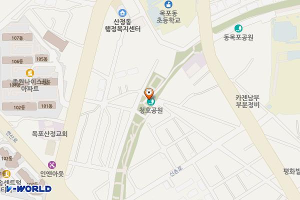 청호근린공원(동초등학교 밑) 위치 지도 — 전남광주통합특별시 목포시 신촌로8번길 15 (산정동)
