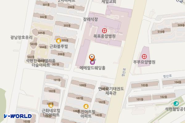 에메랄드웨딩홀 위치 지도 — 전남광주통합특별시 목포시 영산로 613, 에메랄드 웨딩홀 (석현동)
