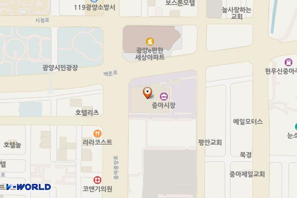 중마상설시장(3번출구) 위치 지도 — 전남광주통합특별시 광양시 중마중앙로 88  (중동)