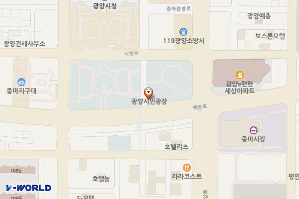 시청앞버스승강장 위치 지도 — 전남광주통합특별시 광양시 백운로 1181(중동)