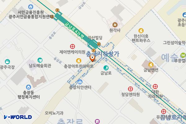 충금지하상가 위치 지도 — 전남광주통합특별시 동구 중앙로 지하 187, 충금지하상가 (충장로3가)