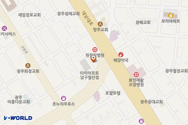 우빈모터스(구.현대블루핸즈월산점) 위치 지도 — 전남광주통합특별시 남구 금화로 423