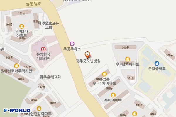 광주굿모닝병원 위치 지도 — 전남광주통합특별시 북구 북문대로 182(운암동)