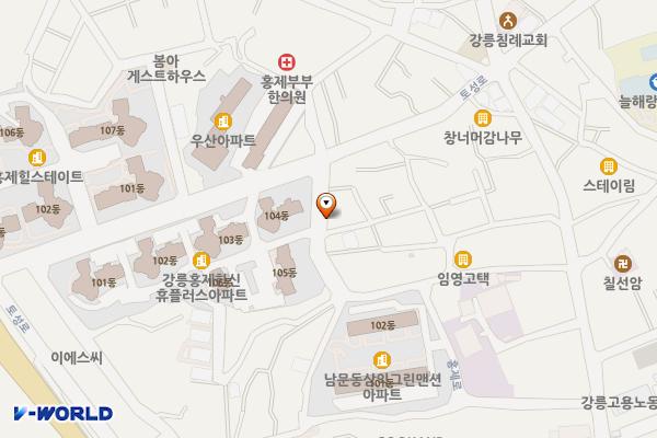 노인회관 앞(한신휴플러스 옆 주차장) 위치 지도 — 강원특별자치도 강릉시 홍제동 77-5