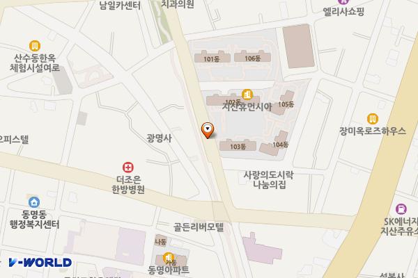 무등산국립공원사무소 옆 소규모 공영주차장 위치 지도 — 광주광역시 동구 지산동 672 일대