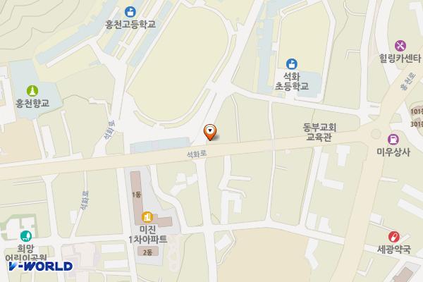 원조시동순대↔동부교회 위치 지도 — 강원특별자치도 홍천군 홍천읍 석화로 123