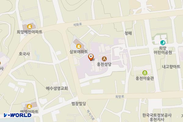 홍천성당↔㈜신영도시개발 위치 지도 — 강원특별자치도 홍천군 홍천읍 희망리 105