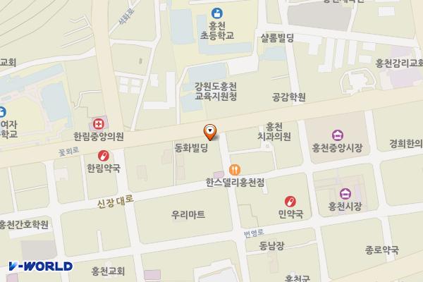 던킨도너츠↔홍천읍사무소 위치 지도 — 강원특별자치도 홍천군 홍천읍 신장대리 79-95