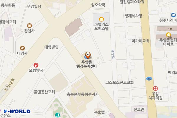 우암동행정복지센터 위치 지도 — 충청북도 청주시 청원구 향군로 34