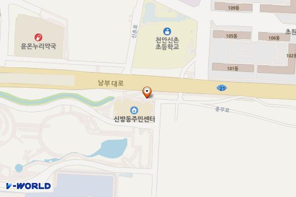 신방동사무소 앞 공영주차장 위치 지도 — 충청남도 천안시 동남구 천안천변길 129-41