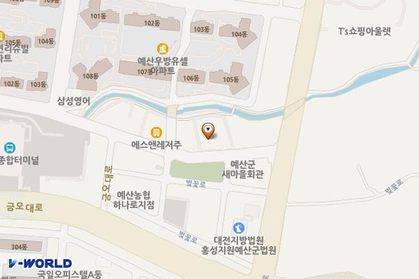예산군 노인종합복지관 (현재: 예산군 사랑채) 위치 지도 — 충청남도 예산군 예산읍 벚꽃로155번길 10