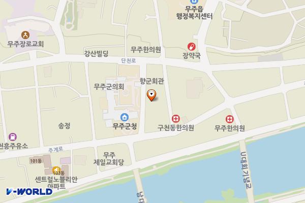 무주군청 차쉼터 위치 지도 — 전북특별자치도 무주군 무주읍 주계로 101