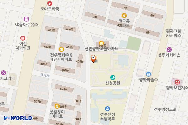 꽃밭정이노인복지관 주차장 위치 지도 — 전북특별자치도 전주시 완산구 평화동2가 230-19
