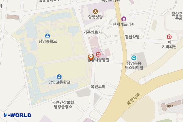 전남 담양 담양고등학교 위치 지도 — 전남광주통합특별시 담양군 담양읍 천변7길 11 (천변리, 담양고등학교)