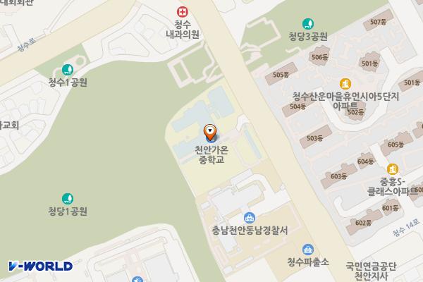충남 천안 가온중학교 위치 지도 — 충남 천안시 동남구 청수6로 83 (청당동, 가온중학교)