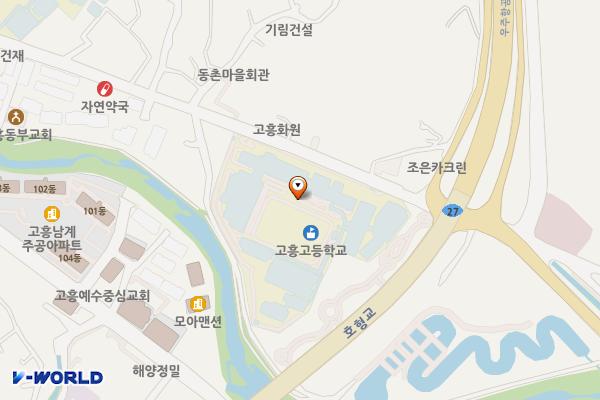 전남 고흥 고흥고등학교 위치 지도 — 전남광주통합특별시 고흥군 고흥읍 학교길 23 (호형리, 고흥고등학교)