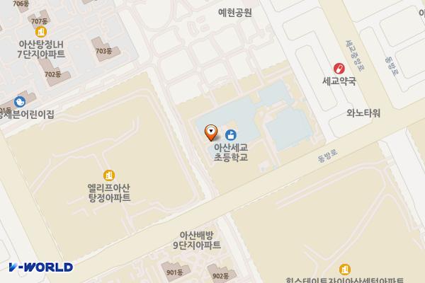 충남 아산 아산세교초등학교 위치 지도 — 충청남도 아산시 배방읍 동방로 200