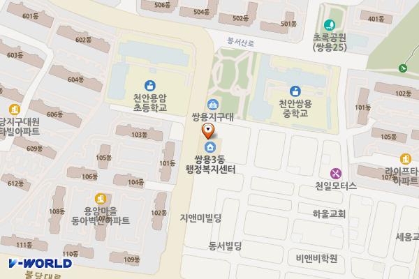 충남 천안 쌍용3동 행정복지센터 위치 지도 — 충청남도 천안시 서북구 월봉로 138