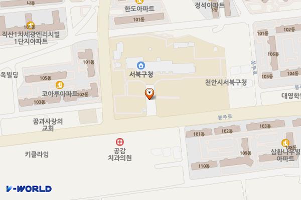 충남 천안 서북구청 위치 지도 — 충남 천안시 서북구 성거읍 봉주로 75 (신월리, 서북구청)