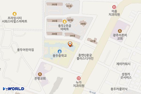 광주 북구 용두중학교 위치 지도 — 전남광주통합특별시 북구 하서로483번길 48 (용두동, 용두중학교)