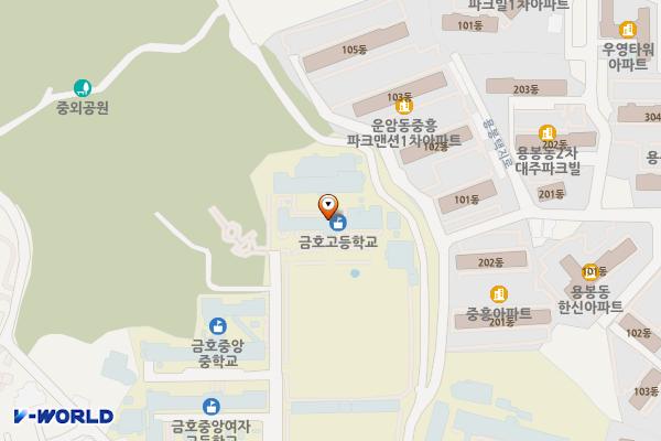 광주 북구 금호고등학교 위치 지도 — 전남광주통합특별시 북구 금호로 100 (운암동, 금호고등학교)