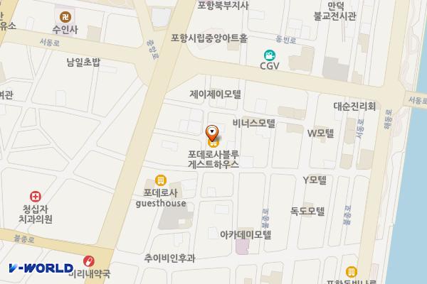 포데로사블루게스트하우스 위치 지도 — 경상북도 포항시 북구 중앙로308번길 6-7, 포데로사블루게스트하우스