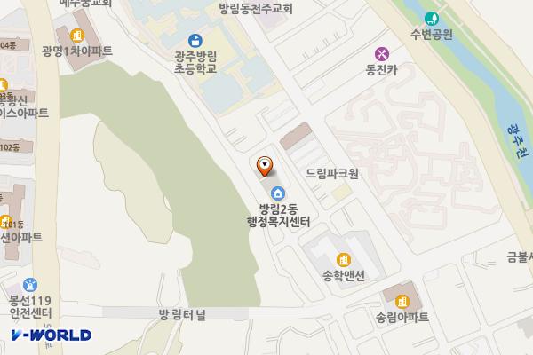 방림2동 어울림센터 위치 지도 — 전남광주통합특별시 남구 천변좌로566번다길 16