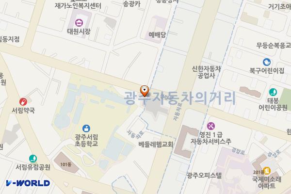 자동차의 거리 주차장(북구 시장산업과) 옥외주차장 위치 지도 — 전남광주통합특별시 북구 자동차로 33