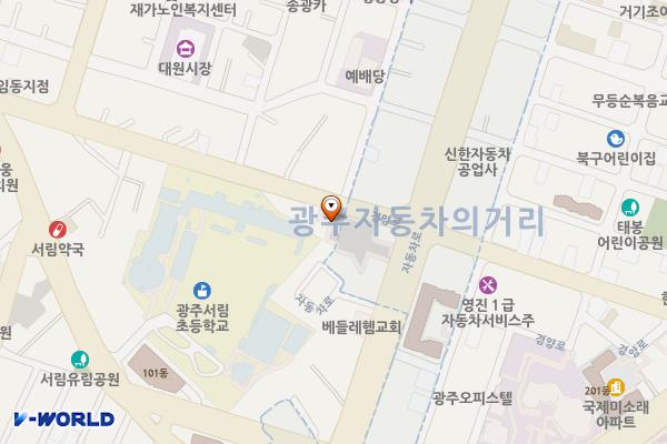 자동차의 거리 주차장(북구 시장산업과) 옥외주차장(급) 위치 지도 — 전남광주통합특별시 북구 자동차로 33