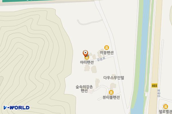 아띠펜션 위치 지도 — 강원특별자치도 춘천시 남산면 강촌로 174-8