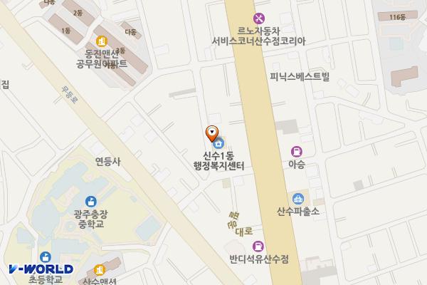 산수1동행정복지센터 위치 지도 — 전남광주통합특별시 동구 무등로449번길 12