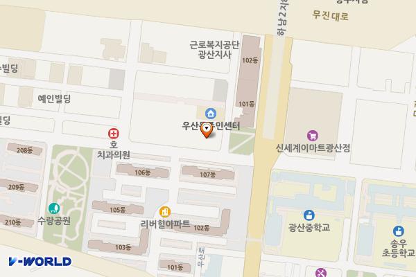 우산동 행정복지센터 앞 위치 지도 — 전남광주통합특별시 광산구 우산동 1601-10