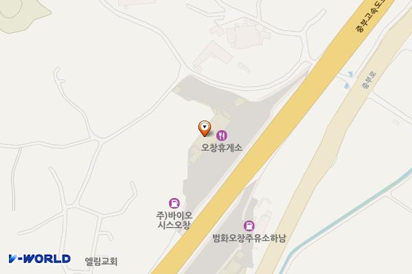 오창휴게소(통영방향) 위치 지도 — 충청북도 청주시 청원구 오창읍 중부고속도로 21