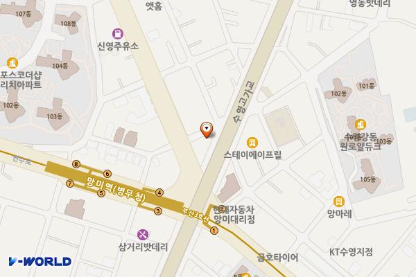 부산도시재생지원센터 비콘그라운드 위치 지도 — 부산광역시 수영구 망미번영로 49-1