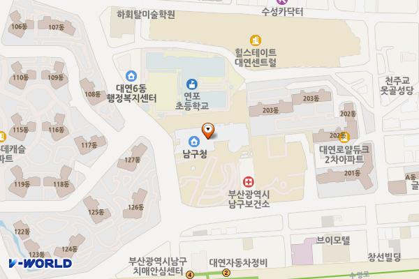 남구청 청사 주차장 위치 지도 — 부산광역시 남구 못골로 19
