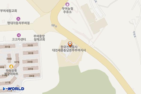 한전 부여지사(공용) 위치 지도 — 충청남도 부여군 부여읍 성왕로 396 (쌍북리, 한국전력공사부여지점)