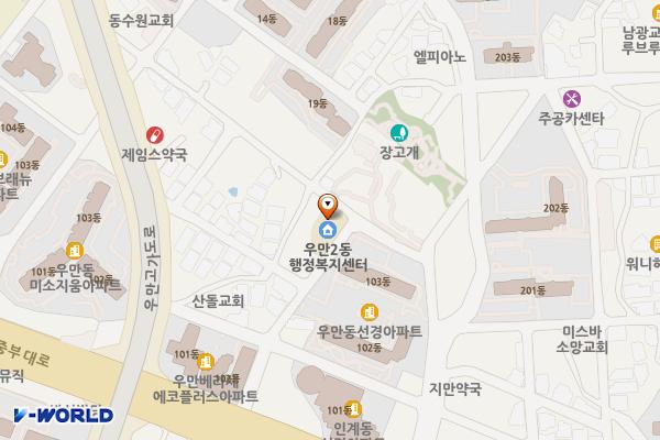 수원시 우만2동 행정복지센터 위치 지도 — 경기도 수원시 팔달구 중부대로207번길 33