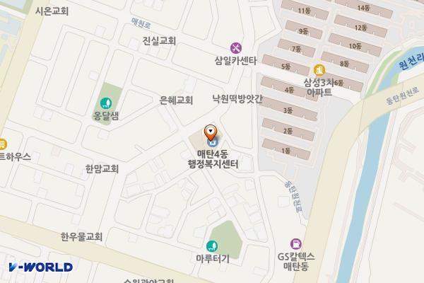 수원시 매탄4동 행정복지센터 위치 지도 — 경기도 수원시 영통구 산남로 26-4 
