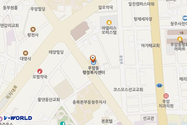 청주시 우암동 행정복지센터 위치 지도 — 충청북도 청주시 청원구 향군로 34