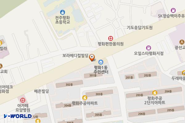 완산구평화1동주민센터 위치 지도 — 전북특별자치도 전주시 완산구 장승배기로 256 (평화동1가     평화1동주민센터)
