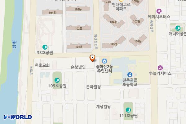 중화산2동주민센터 위치 지도 — 전북특별자치도 전주시 완산구 화산천변로 30 (중화산동2가     중화산2동주민센터)