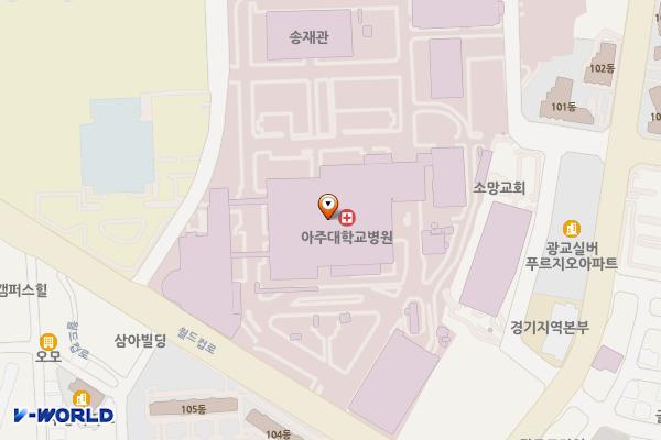 수원시 아주대학교병원 위치 지도 — 경기도 수원시 영통구 월드컵로 164