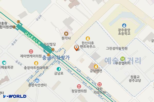 광주광역시 동구 중건핀다 위치 지도 — 전남광주통합특별시 동구 중앙로196번길 4