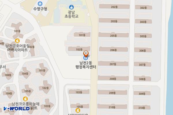 남천2동 행정복지센터 위치 지도 — 부산광역시 수영구 광안해변로 99