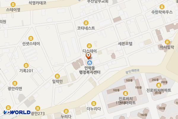 민락동 행정복지센터 위치 지도 — 부산광역시 수영구 광안해변로295번길 20