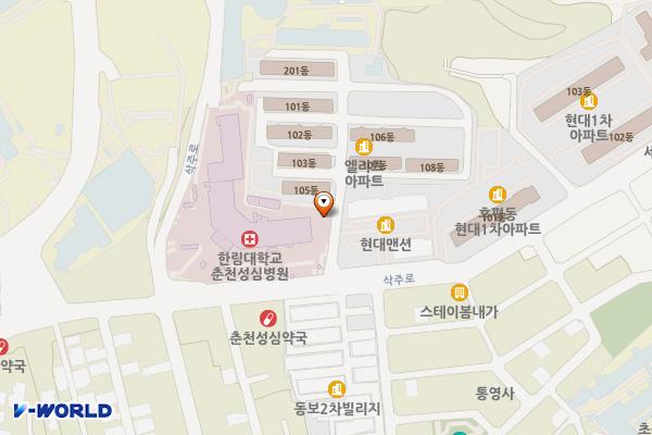 춘천한림대학교부속춘천성심병원 위치 지도 — 강원특별자치도 춘천시 삭주로 77