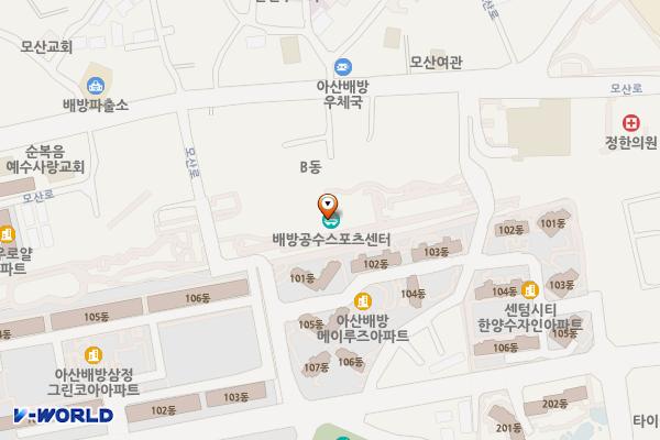 아산시청/아산시배방복합커뮤니티센터 위치 지도 — 충청남도 아산시 배방읍 모산로 182-14