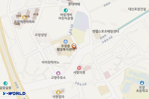 오창읍사무소 위치 지도 — 충청북도 청주시 청원구 오창읍 두릉유리로 1323오창읍사무소